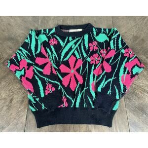 Vtg 80s Sweaters By George Womens Floral Acrylic Sweater Size Small Hong Kong